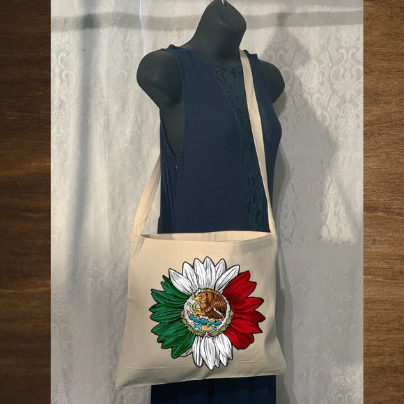Mexico Flag Sunflower Cotton Canvas Crossbody Messenger Tote Bag with Long Strap - Picture 2 of 8